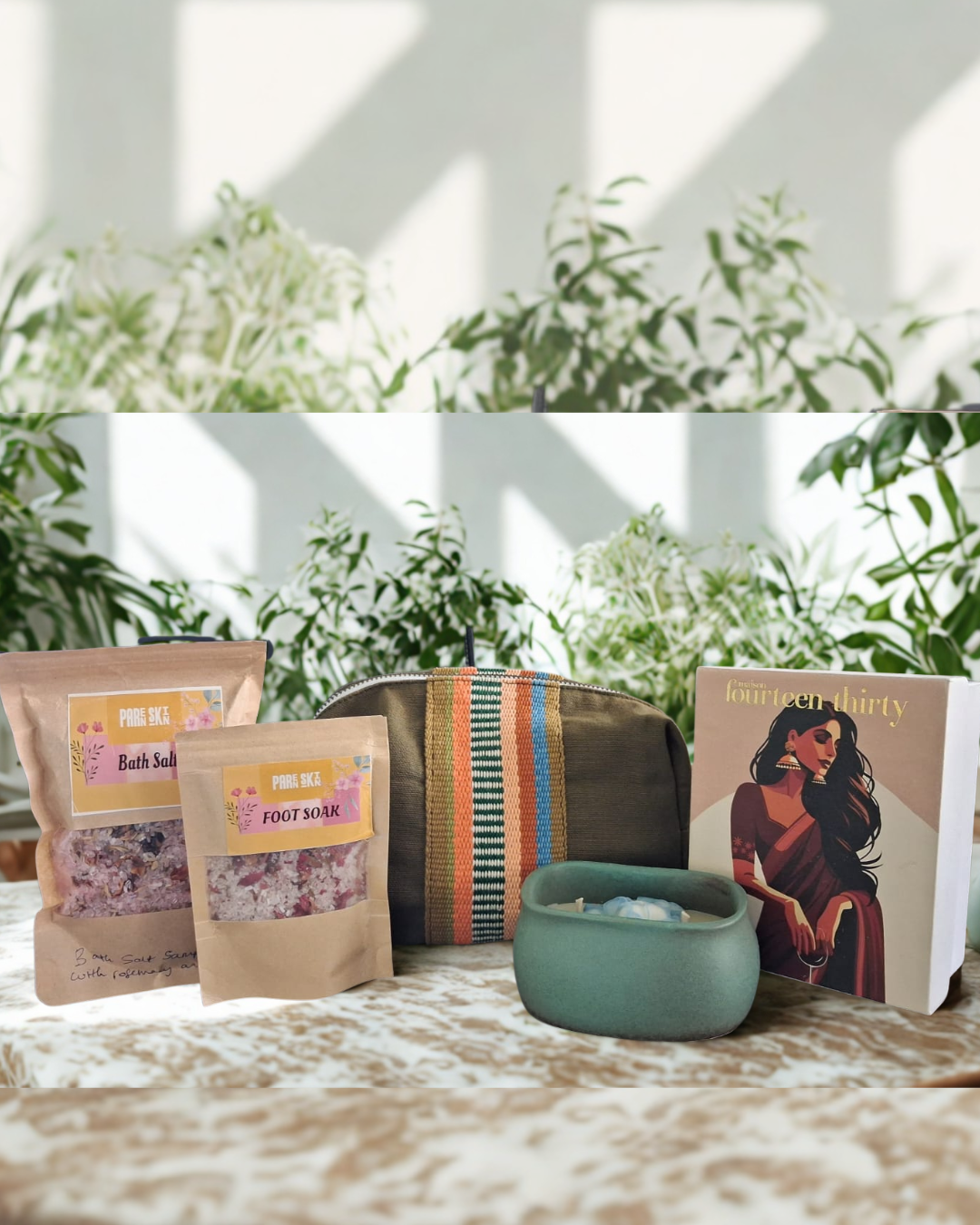 Luxury Bath salt, Luxury Foot Soak, Olive handmade Canvas Pouch, Maison Fourteen Thirty Blue Ceramic Floral Luxe Candle